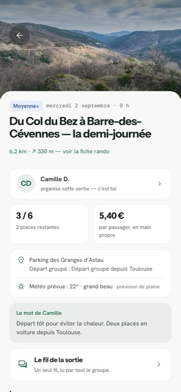 Une sortie : places, niveau attendu, frais de covoiturage au barème